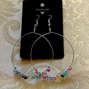 Handmade wire wrapped large hoop earrings with colorful beads